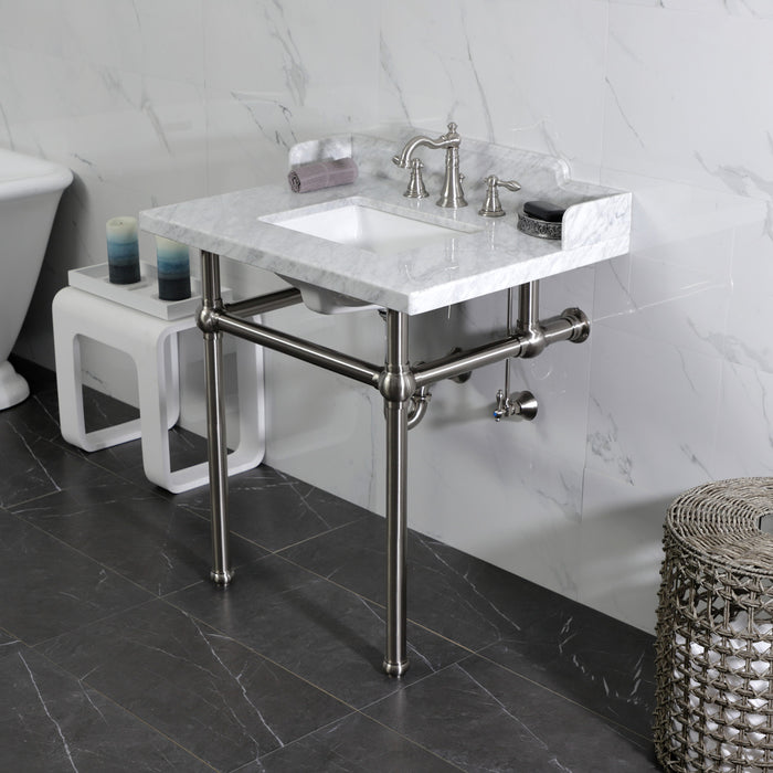 Fauceture LMS3030MBSQ8 30-Inch Carrara Marble Console Sink with Brass Legs, Marble White/Brushed Nickel