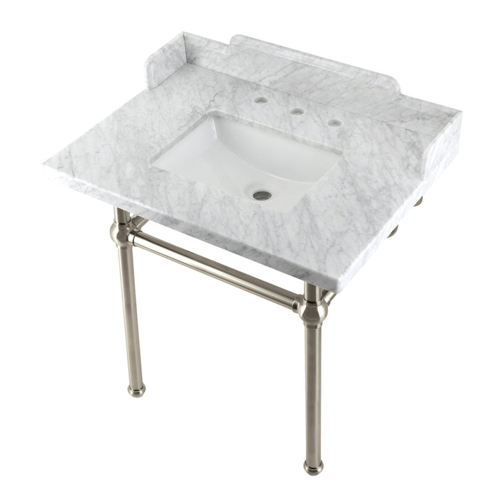 Fauceture LMS3030MBSQ8 30-Inch Carrara Marble Console Sink with Brass Legs, Marble White/Brushed Nickel