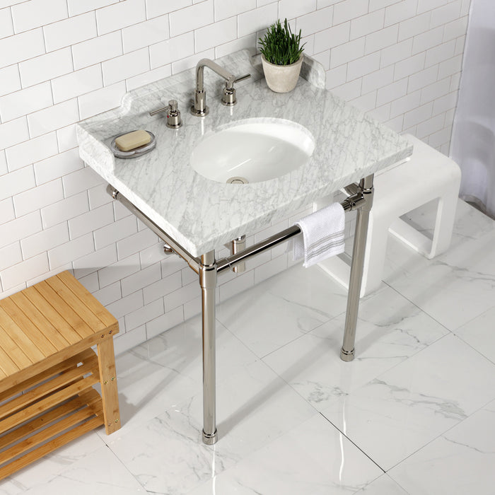 Fauceture LMS30M86ST 30-Inch Carrara Marble Console Sink with Stainless Steel Legs, Marble White/Polished Nickel