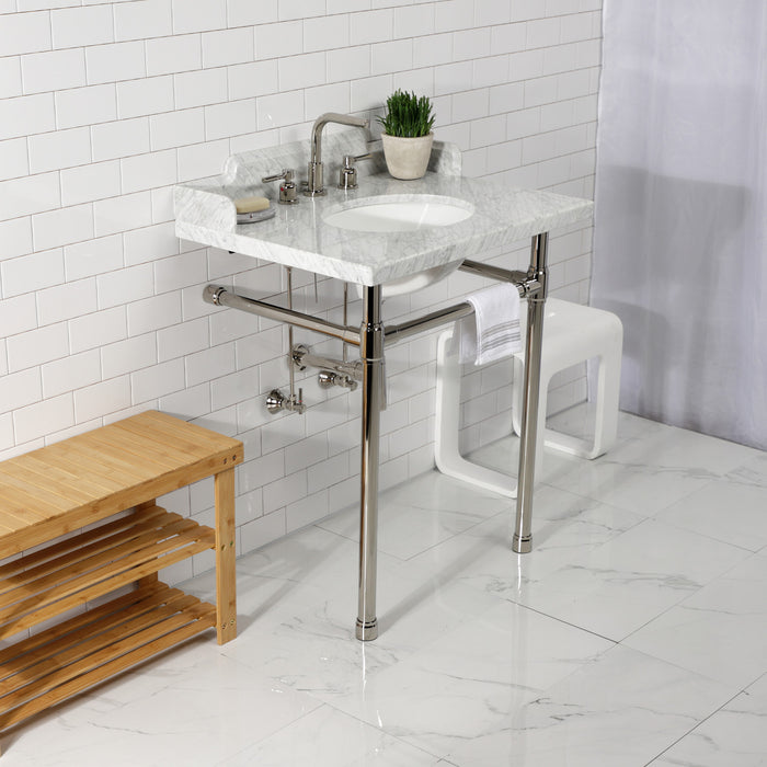 Fauceture LMS30M86ST 30-Inch Carrara Marble Console Sink with Stainless Steel Legs, Marble White/Polished Nickel