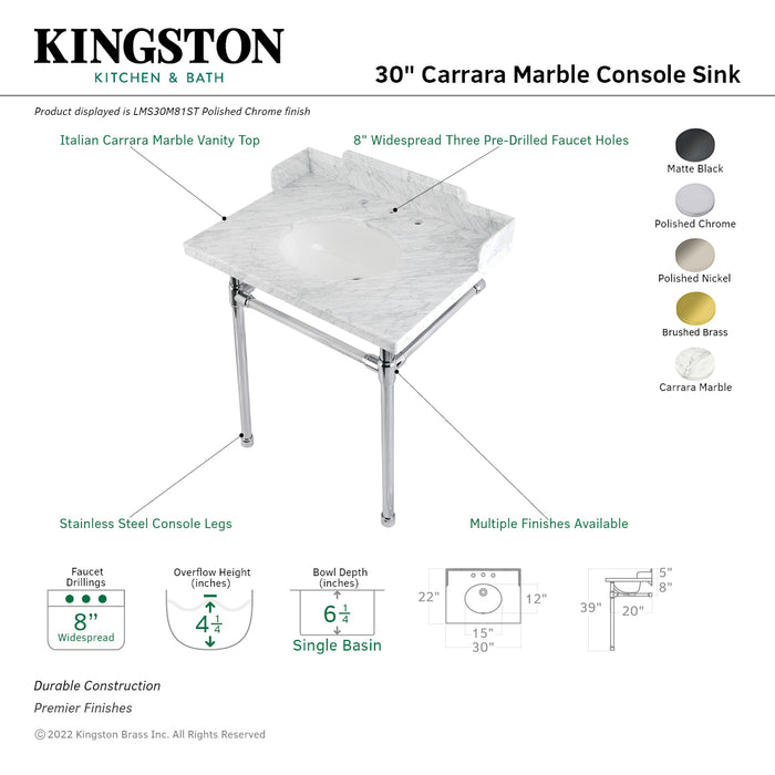 Fauceture LMS30M87ST 30-Inch Carrara Marble Console Sink with Stainless Steel Legs, Marble White/Brushed Brass