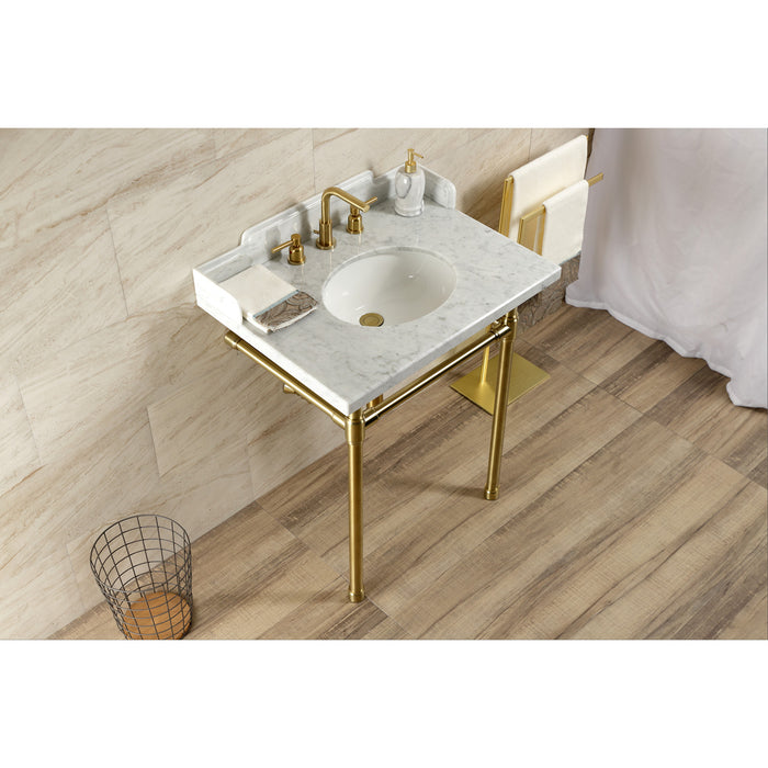 Fauceture LMS30M87ST 30-Inch Carrara Marble Console Sink with Stainless Steel Legs, Marble White/Brushed Brass