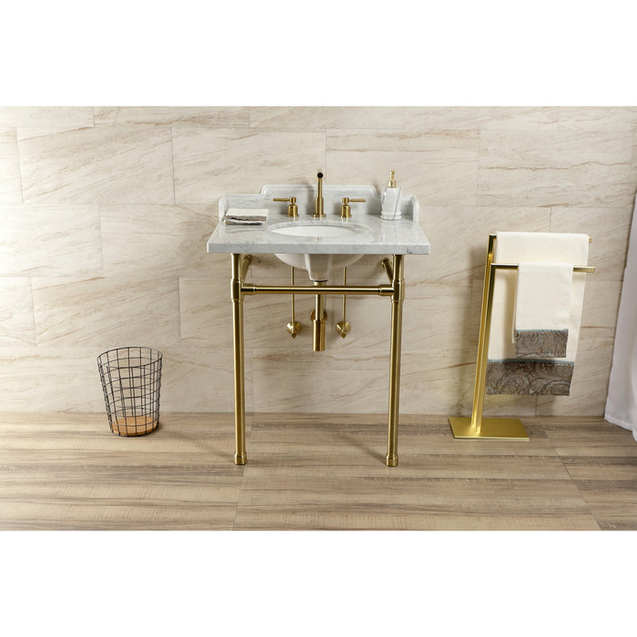 Fauceture LMS30M87ST 30-Inch Carrara Marble Console Sink with Stainless Steel Legs, Marble White/Brushed Brass