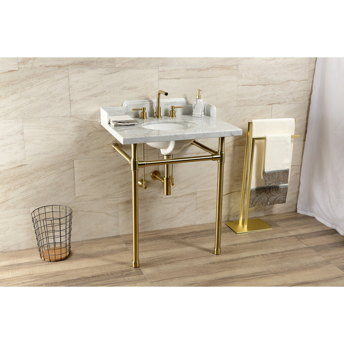 Fauceture LMS30M87ST 30-Inch Carrara Marble Console Sink with Stainless Steel Legs, Marble White/Brushed Brass