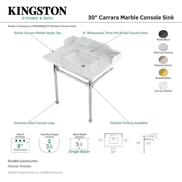 Fauceture LMS30M8SQ7ST 30-Inch Carrara Marble Console Sink with Stainless Steel Legs, Marble White/Brushed Brass