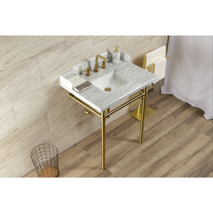 Fauceture LMS30M8SQ7ST 30-Inch Carrara Marble Console Sink with Stainless Steel Legs, Marble White/Brushed Brass