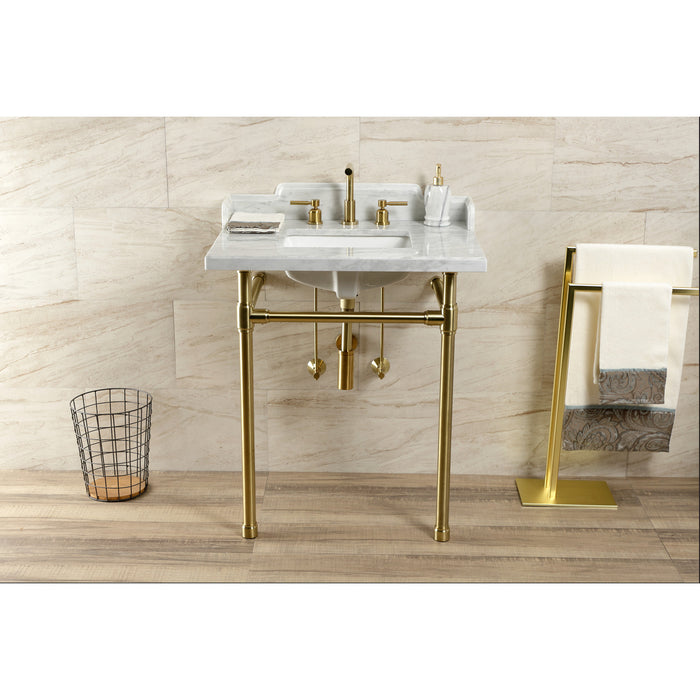 Fauceture LMS30M8SQ7ST 30-Inch Carrara Marble Console Sink with Stainless Steel Legs, Marble White/Brushed Brass