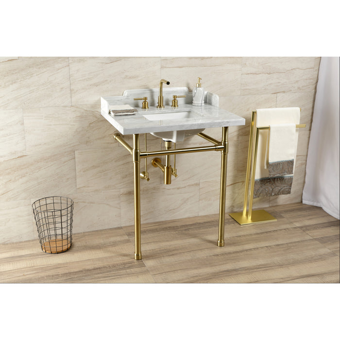 Fauceture LMS30M8SQ7ST 30-Inch Carrara Marble Console Sink with Stainless Steel Legs, Marble White/Brushed Brass