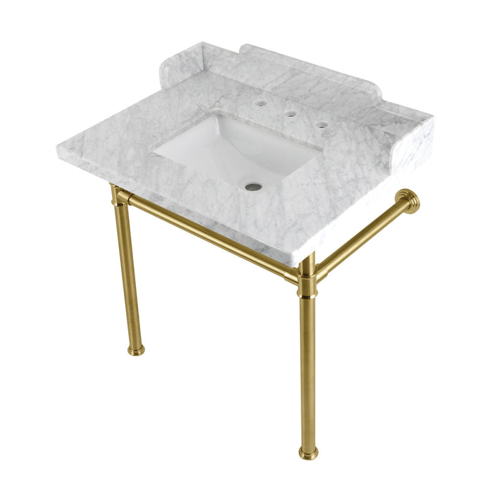 Fauceture LMS30M8SQ7ST 30-Inch Carrara Marble Console Sink with Stainless Steel Legs, Marble White/Brushed Brass