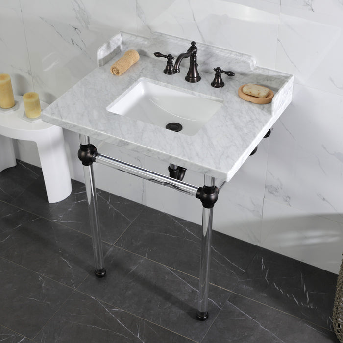 Fauceture LMS30MASQ5 30-Inch Carrara Marble Console Sink with Acrylic Legs, Marble White/Oil Rubbed Bronze