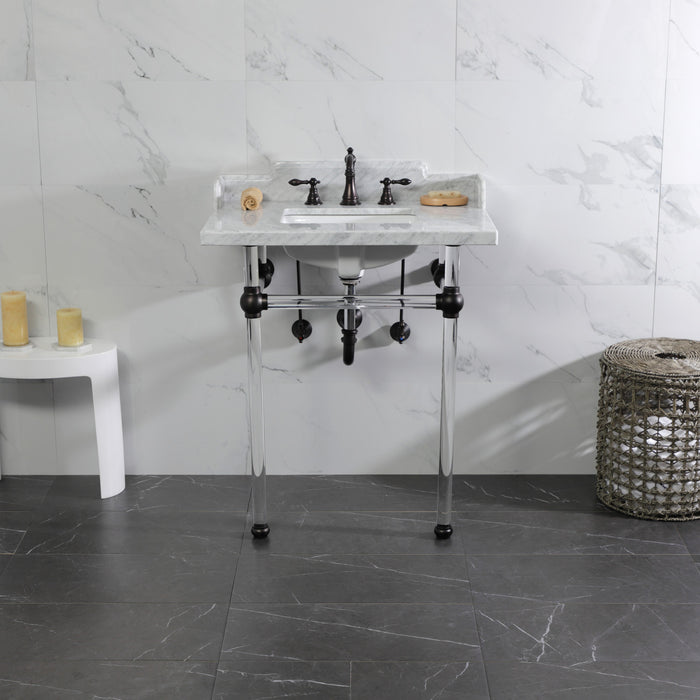 Fauceture LMS30MASQ5 30-Inch Carrara Marble Console Sink with Acrylic Legs, Marble White/Oil Rubbed Bronze