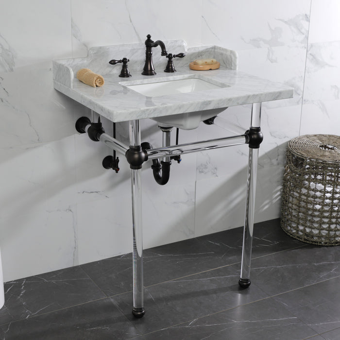 Fauceture LMS30MASQ5 30-Inch Carrara Marble Console Sink with Acrylic Legs, Marble White/Oil Rubbed Bronze