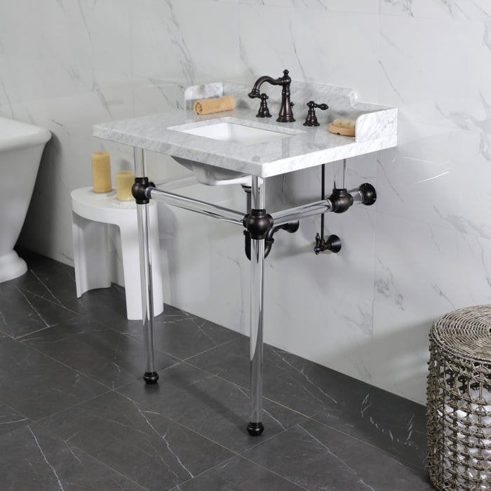 Fauceture LMS30MASQ5 30-Inch Carrara Marble Console Sink with Acrylic Legs, Marble White/Oil Rubbed Bronze