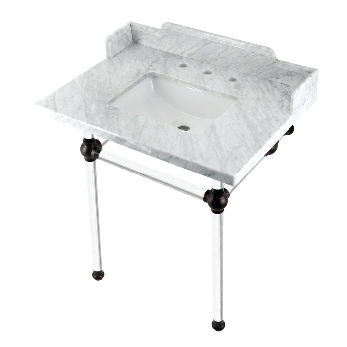 Fauceture LMS30MASQ5 30-Inch Carrara Marble Console Sink with Acrylic Legs, Marble White/Oil Rubbed Bronze