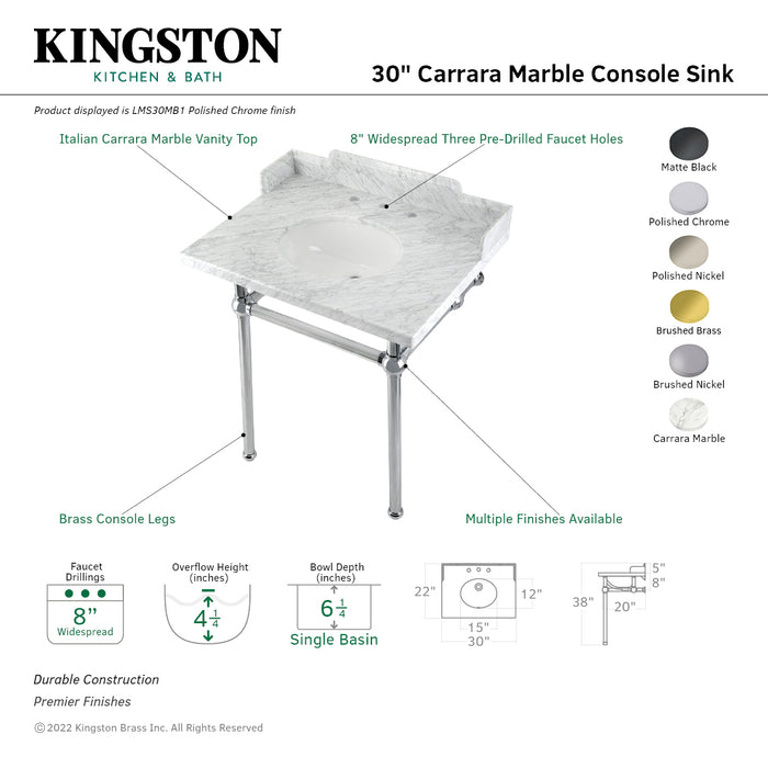 Fauceture LMS30MB8 30-Inch Carrara Marble Console Sink with Brass Legs, Marble White/Brushed Nickel