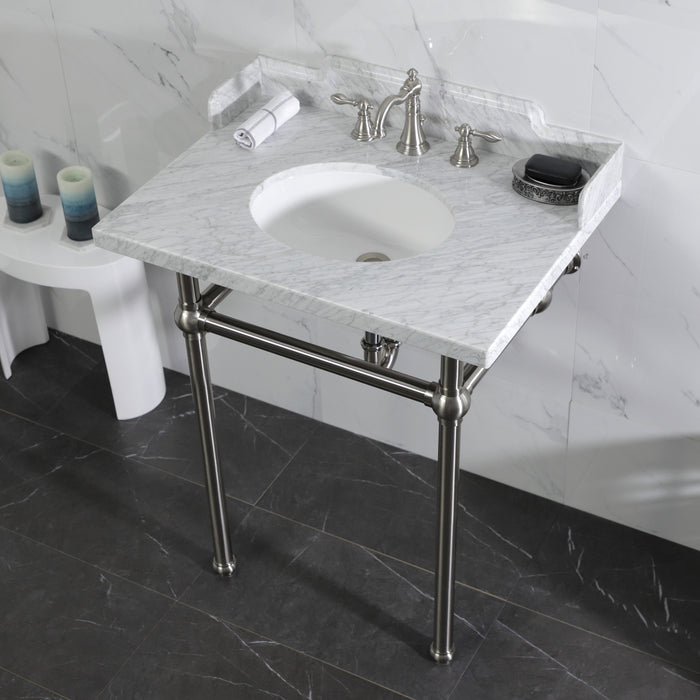 Fauceture LMS30MB8 30-Inch Carrara Marble Console Sink with Brass Legs, Marble White/Brushed Nickel