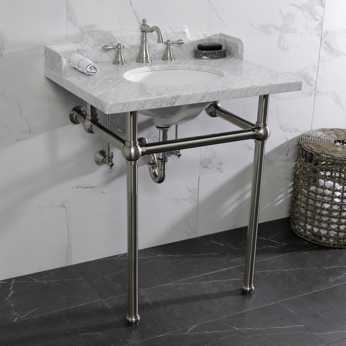 Fauceture LMS30MB8 30-Inch Carrara Marble Console Sink with Brass Legs, Marble White/Brushed Nickel