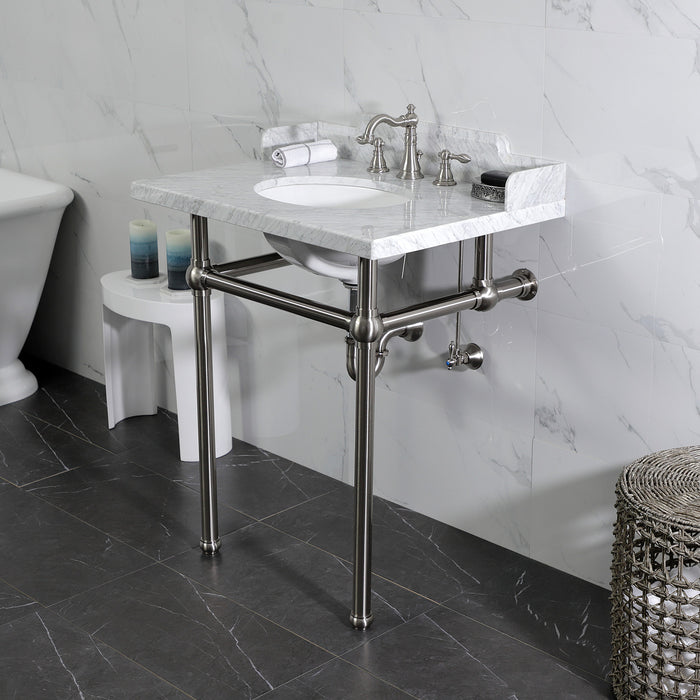 Fauceture LMS30MB8 30-Inch Carrara Marble Console Sink with Brass Legs, Marble White/Brushed Nickel