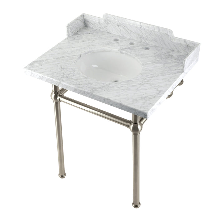 Fauceture LMS30MB8 30-Inch Carrara Marble Console Sink with Brass Legs, Marble White/Brushed Nickel