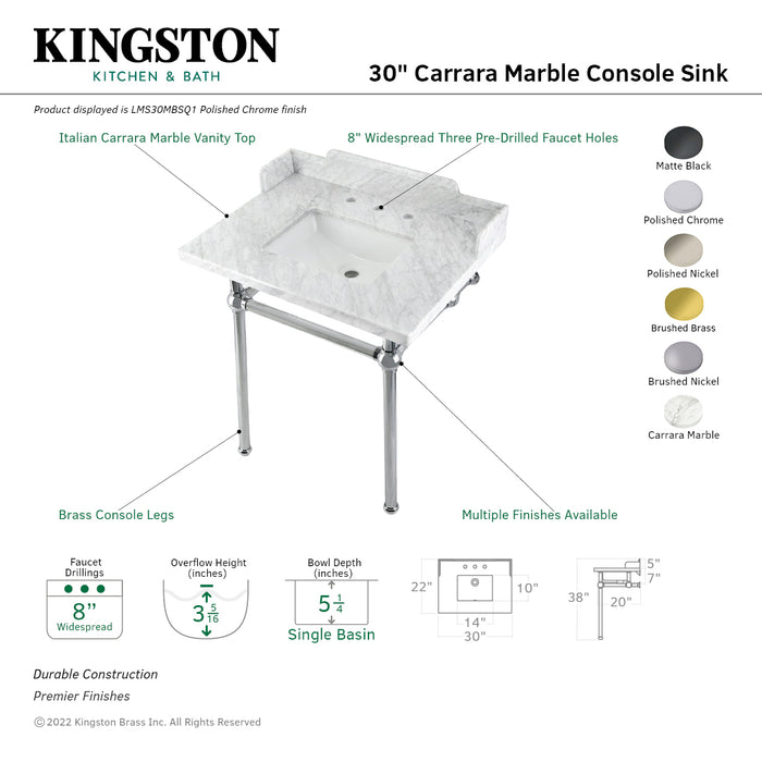 Fauceture LMS30MBSQ0 30-Inch Carrara Marble Console Sink with Brass Legs, Marble White/Matte Black