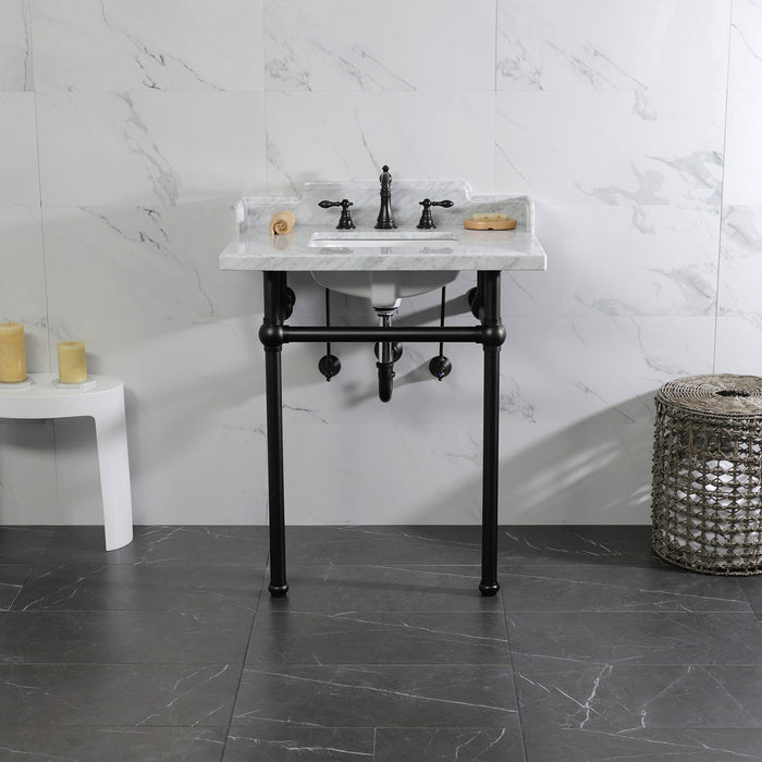 Fauceture LMS30MBSQ0 30-Inch Carrara Marble Console Sink with Brass Legs, Marble White/Matte Black