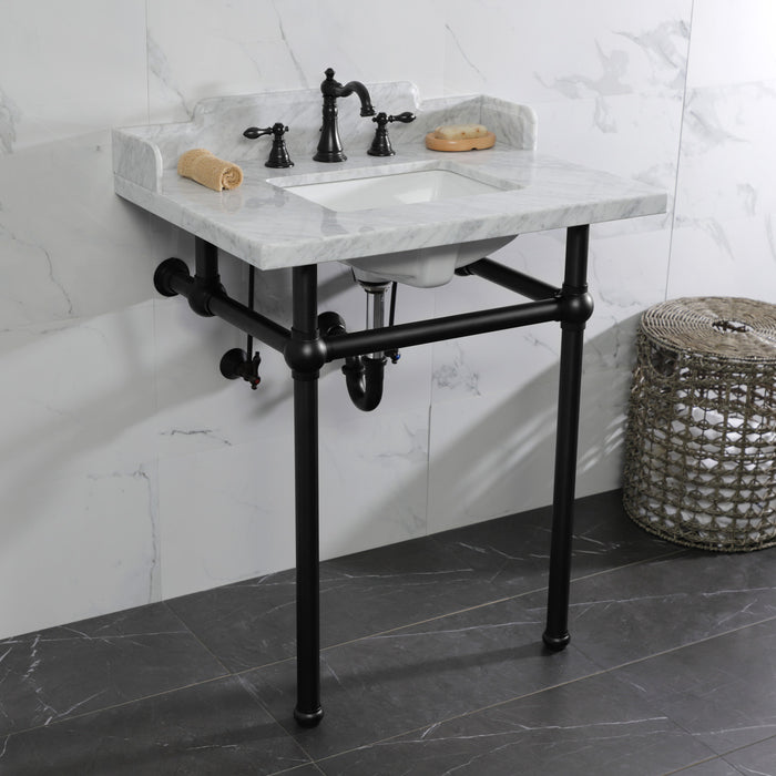 Fauceture LMS30MBSQ0 30-Inch Carrara Marble Console Sink with Brass Legs, Marble White/Matte Black