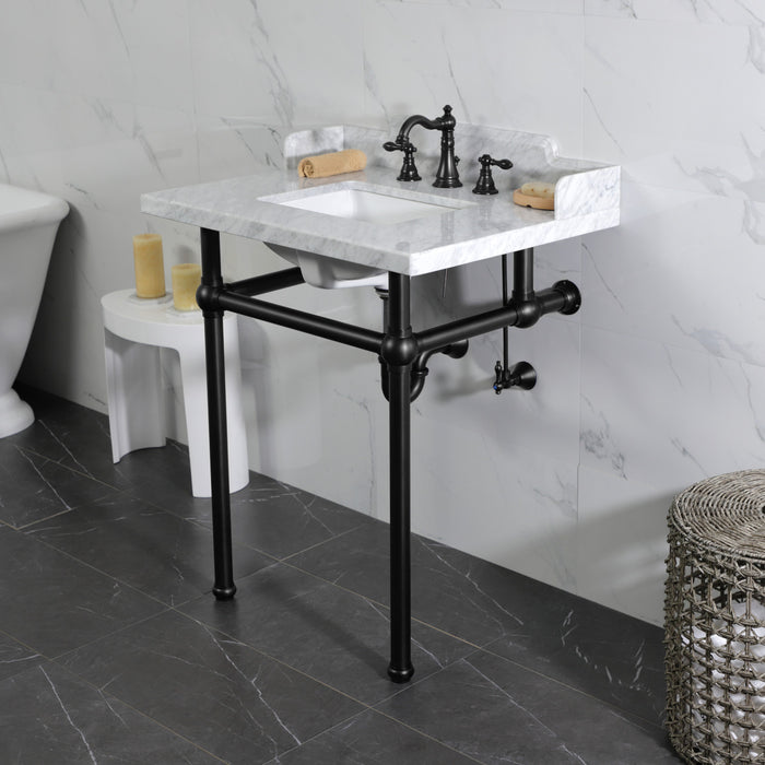 Fauceture LMS30MBSQ0 30-Inch Carrara Marble Console Sink with Brass Legs, Marble White/Matte Black