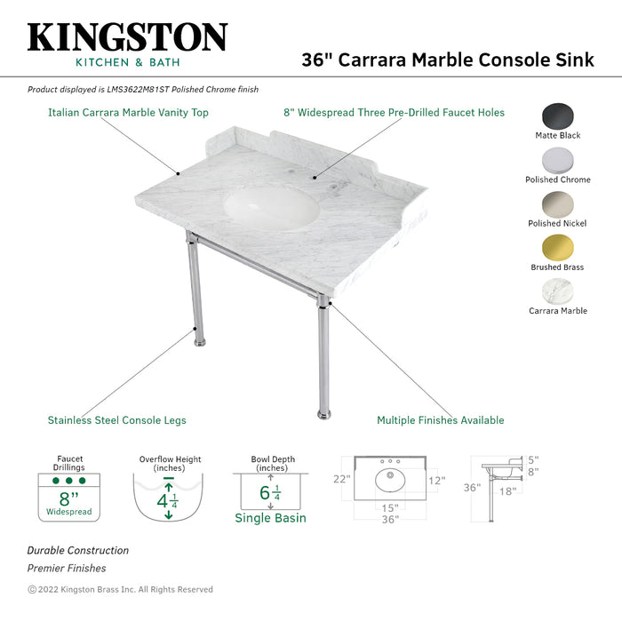 Fauceture LMS3622M81ST 36-Inch Carrara Marble Console Sink with Stainless Steel Legs, Marble White/Polished Chrome