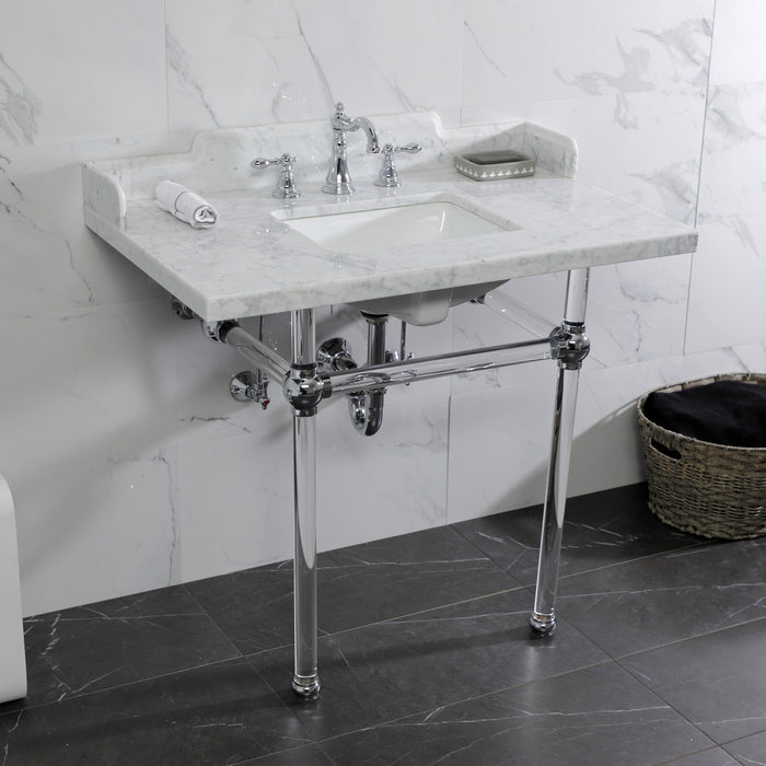 Fauceture LMS3630MASQ1 36-Inch Carrara Marble Console Sink with Acrylic Legs, Marble White/Polished Chrome