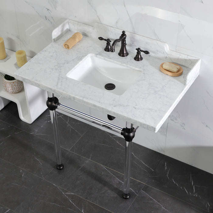 Fauceture LMS3630MASQ5 36-Inch Carrara Marble Console Sink with Acrylic Legs, Marble White/Oil Rubbed Bronze