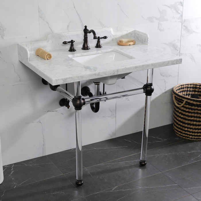 Fauceture LMS3630MASQ5 36-Inch Carrara Marble Console Sink with Acrylic Legs, Marble White/Oil Rubbed Bronze