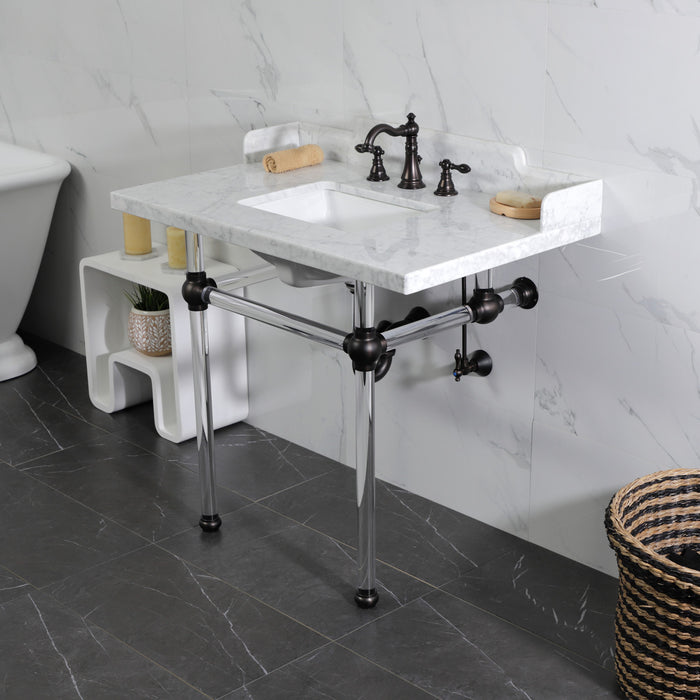 Fauceture LMS3630MASQ5 36-Inch Carrara Marble Console Sink with Acrylic Legs, Marble White/Oil Rubbed Bronze