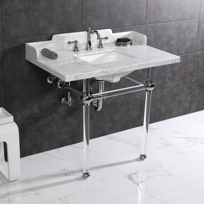 Fauceture LMS3630MASQ6 36-Inch Carrara Marble Console Sink with Acrylic Legs, Marble White/Polished Nickel