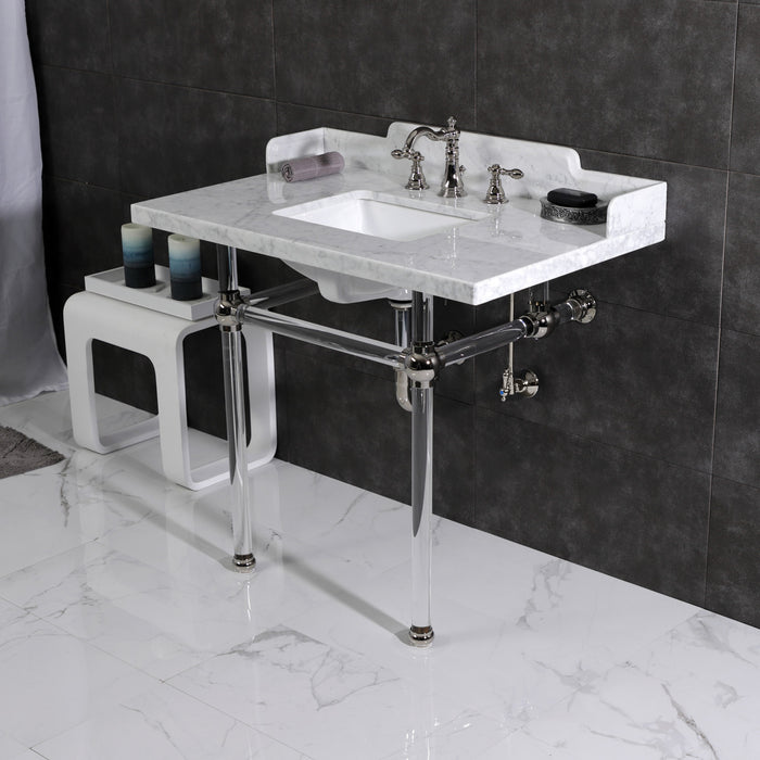 Fauceture LMS3630MASQ6 36-Inch Carrara Marble Console Sink with Acrylic Legs, Marble White/Polished Nickel