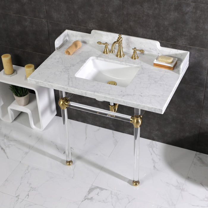 Fauceture LMS3630MASQ7 36-Inch Carrara Marble Console Sink with Acrylic Legs, Marble White/Brushed Brass