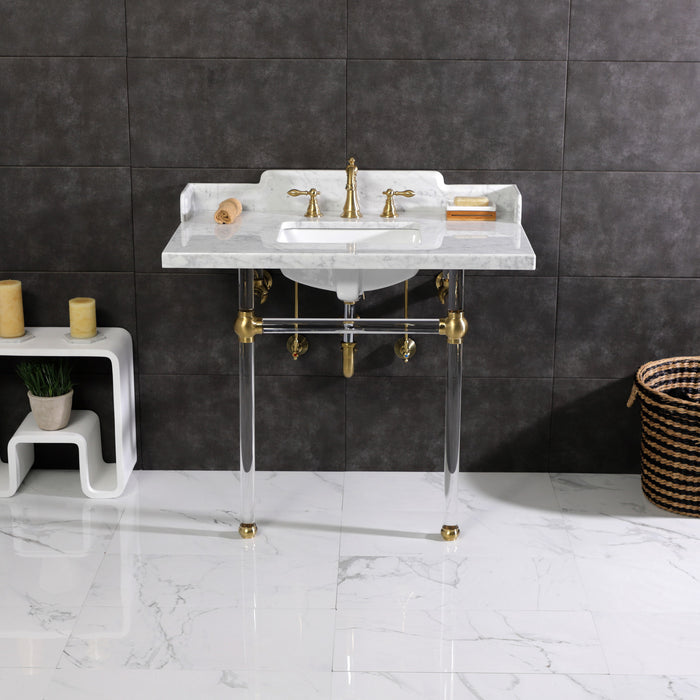 Fauceture LMS3630MASQ7 36-Inch Carrara Marble Console Sink with Acrylic Legs, Marble White/Brushed Brass