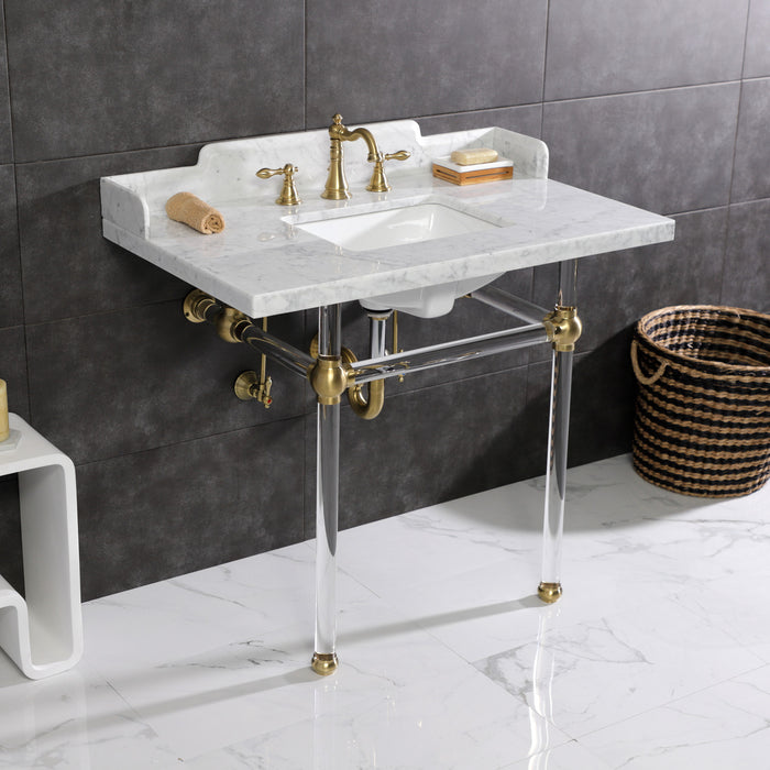 Fauceture LMS3630MASQ7 36-Inch Carrara Marble Console Sink with Acrylic Legs, Marble White/Brushed Brass