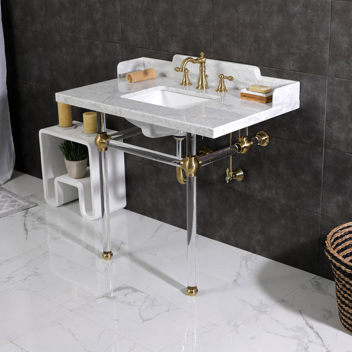 Fauceture LMS3630MASQ7 36-Inch Carrara Marble Console Sink with Acrylic Legs, Marble White/Brushed Brass