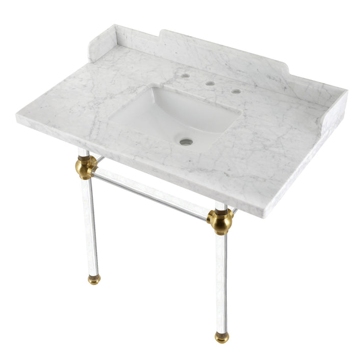 Fauceture LMS3630MASQ7 36-Inch Carrara Marble Console Sink with Acrylic Legs, Marble White/Brushed Brass