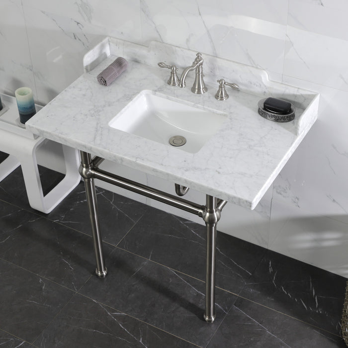 Fauceture LMS3630MBSQ8 36-Inch Carrara Marble Console Sink with Brass Legs, Marble White/Brushed Nickel