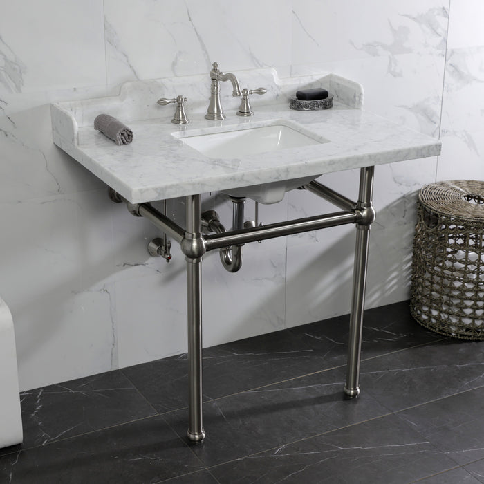 Fauceture LMS3630MBSQ8 36-Inch Carrara Marble Console Sink with Brass Legs, Marble White/Brushed Nickel