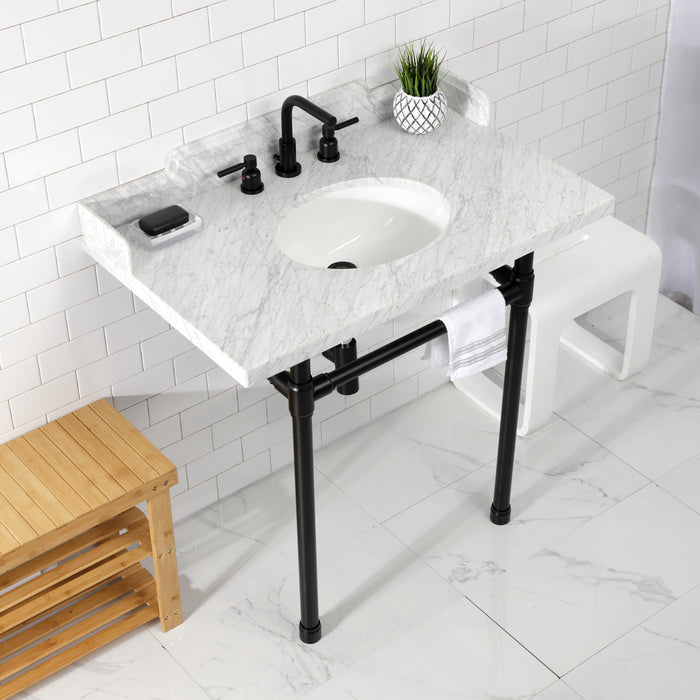 Fauceture LMS36M80ST 36-Inch Carrara Marble Console Sink with Stainless Steel Legs, Marble White/Matte Black