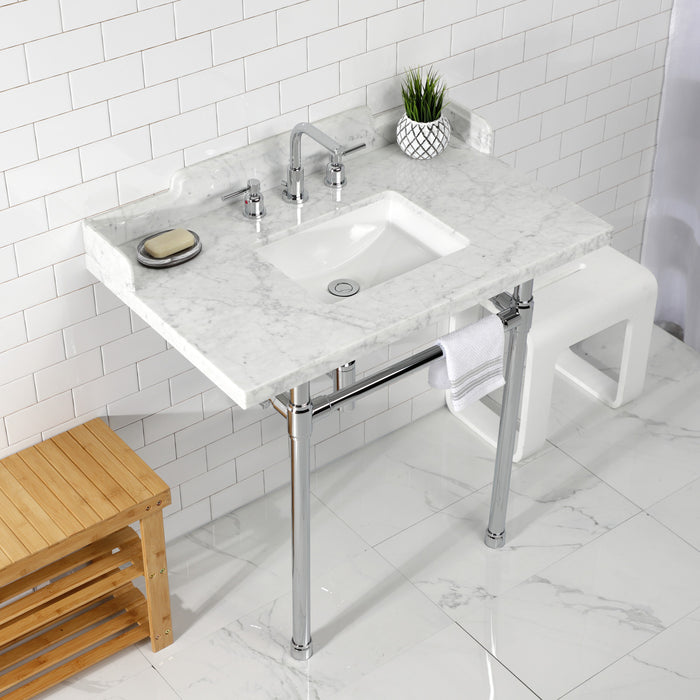 Fauceture LMS36M8SQ1ST 36-Inch Carrara Marble Console Sink with Stainless Steel Legs, Marble White/Polished Chrome