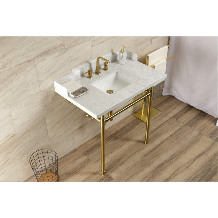 Fauceture LMS36M8SQ7ST 36-Inch Carrara Marble Console Sink with Stainless Steel Legs, Marble White/Brushed Brass