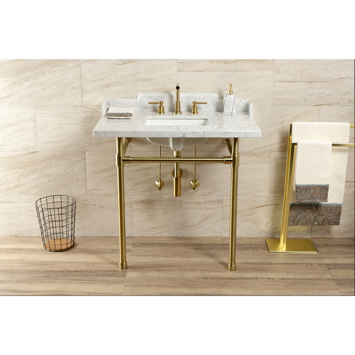 Fauceture LMS36M8SQ7ST 36-Inch Carrara Marble Console Sink with Stainless Steel Legs, Marble White/Brushed Brass