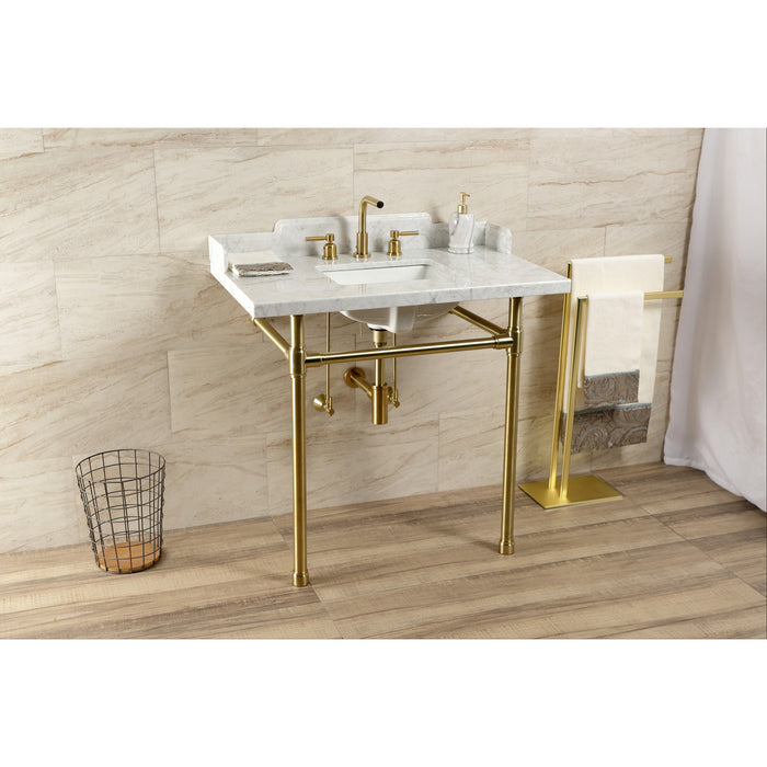 Fauceture LMS36M8SQ7ST 36-Inch Carrara Marble Console Sink with Stainless Steel Legs, Marble White/Brushed Brass