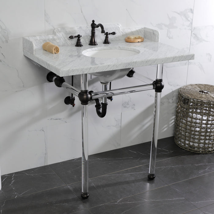 Fauceture LMS36MA5 36-Inch Carrara Marble Console Sink with Acrylic Legs, Marble White/Oil Rubbed Bronze