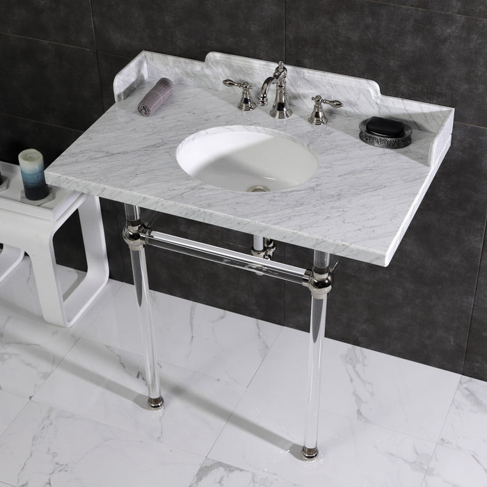 Fauceture LMS36MA6 36-Inch Carrara Marble Console Sink with Acrylic Legs, Marble White/Polished Nickel