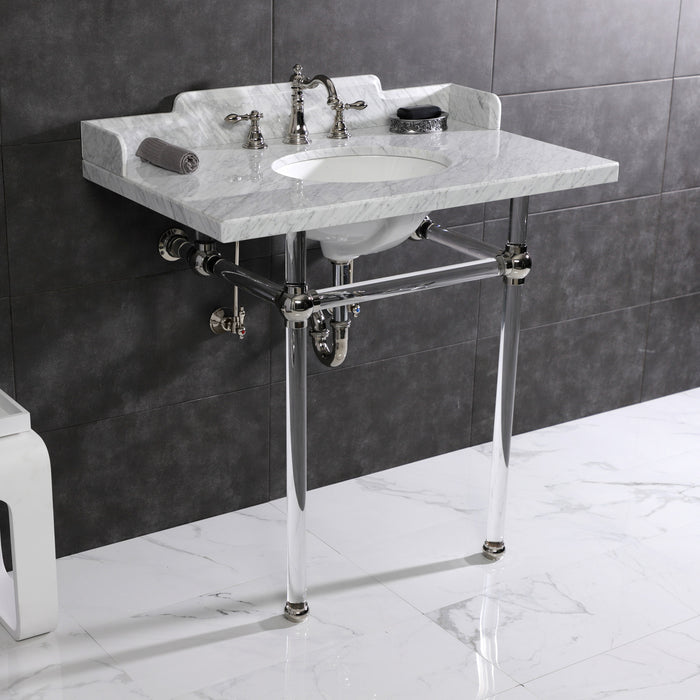 Fauceture LMS36MA6 36-Inch Carrara Marble Console Sink with Acrylic Legs, Marble White/Polished Nickel