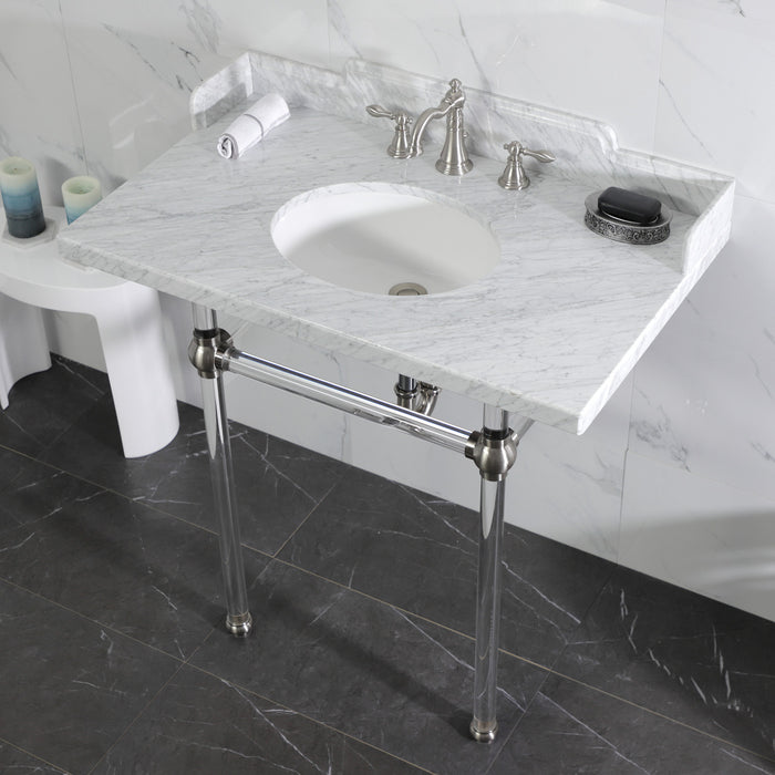 Fauceture LMS36MA8 36-Inch Carrara Marble Console Sink with Acrylic Legs, Marble White/Brushed Nickel